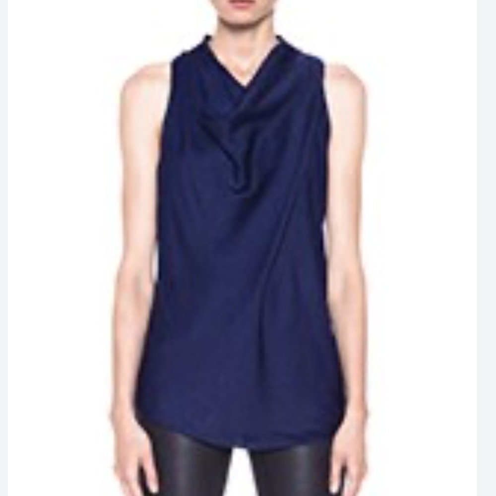 Helmut Lang Coma Navy Sleeveless High Neck Poly Top. Size S